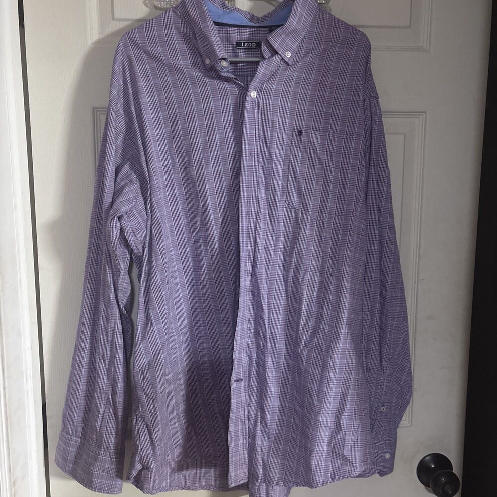 IZOD Men’s 2XL Purple /White/Blue Plaid Woven Button-Down Long Sleeve Shirt